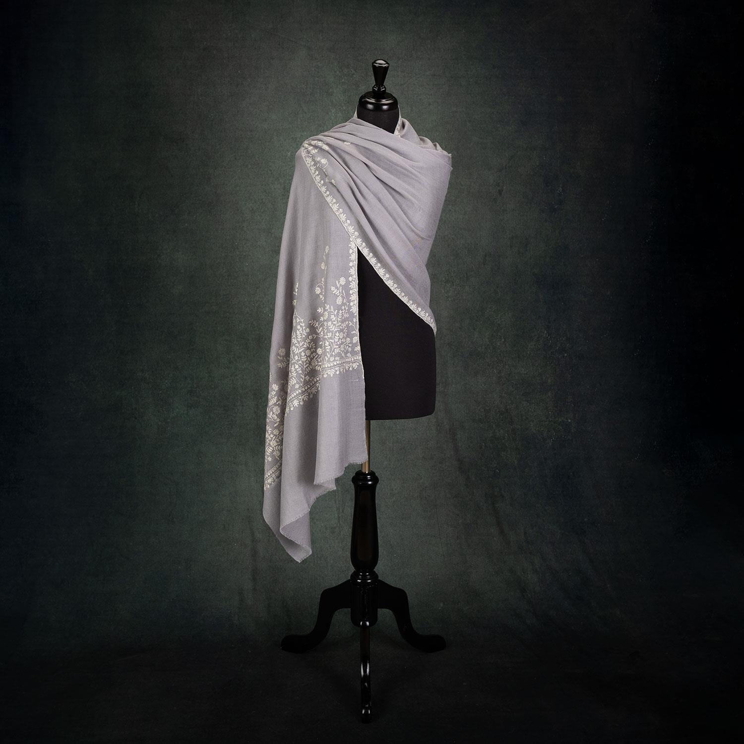 Spring of Kashmir Hand Embroidered Stole Silver