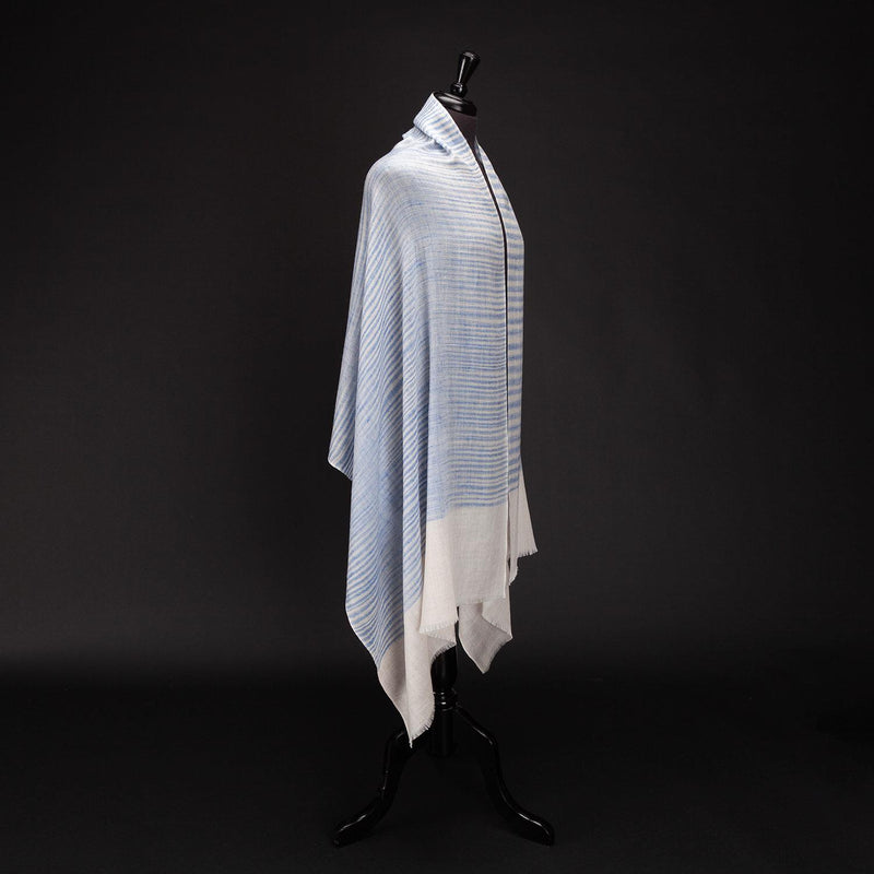 Ikat Pashmina Wrap 'Clouds of Ladakh' Blue Stripe