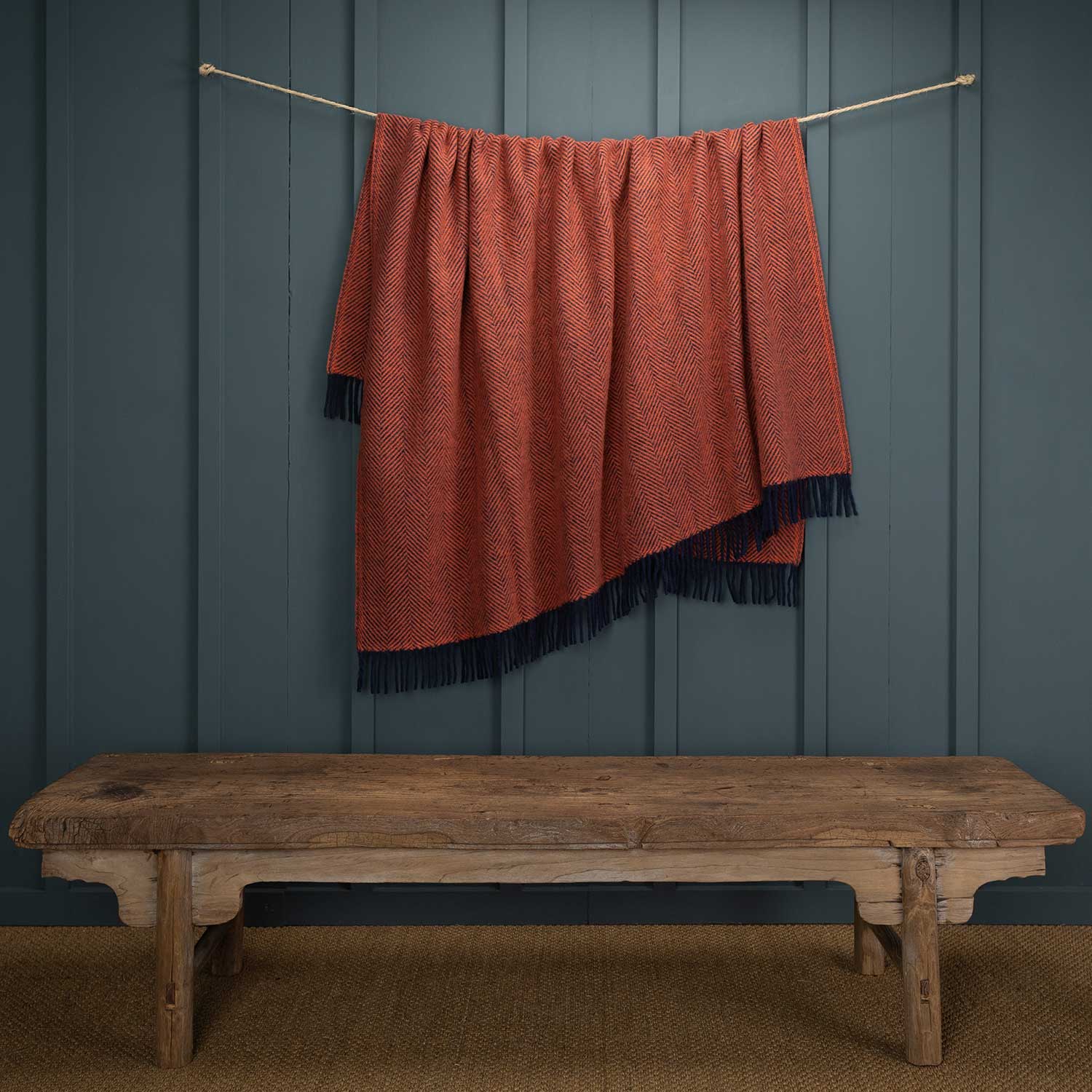 Pure New Wool Herringbone Throw Coral & Navy