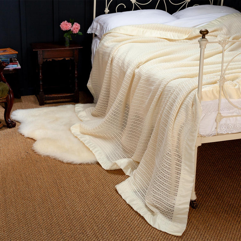 Cream Wool Cellular Bed Blanket with satin trim on bed