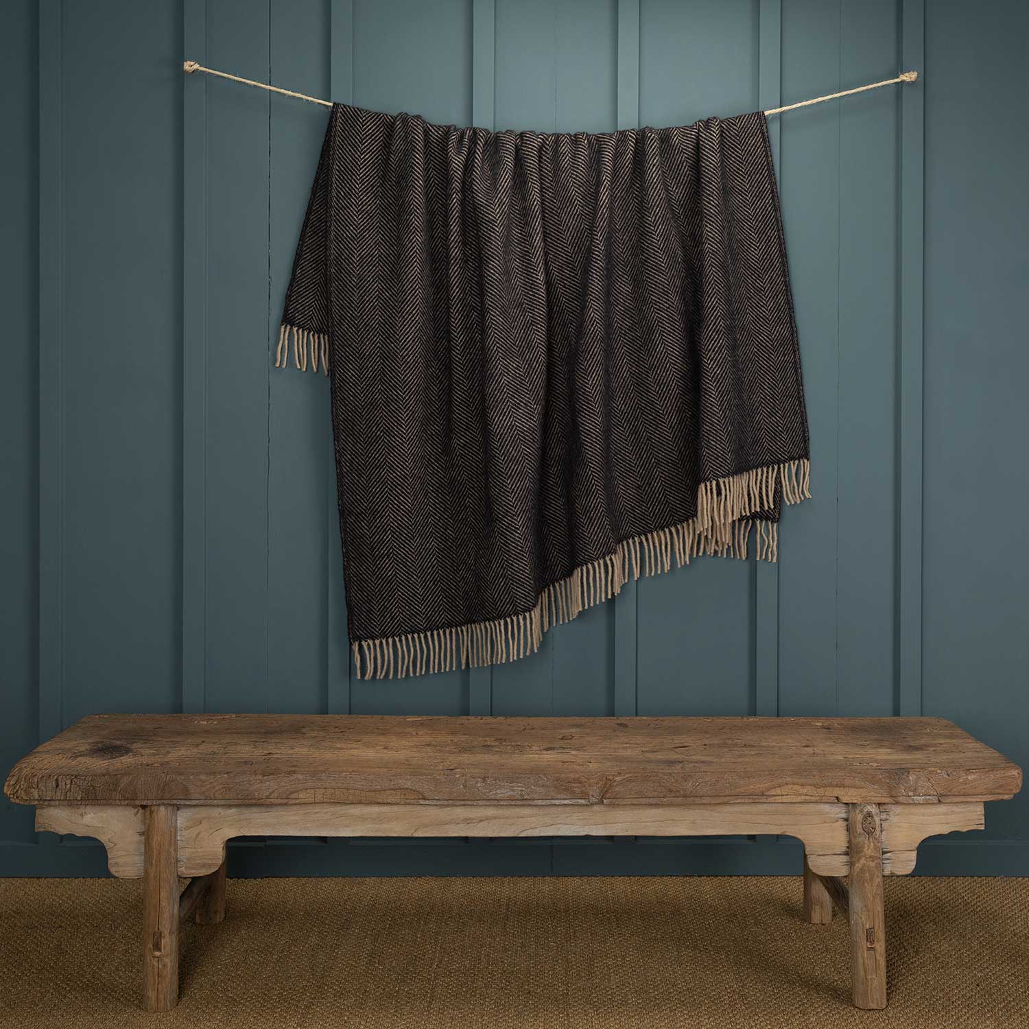 Pure New Wool Herringbone Throw Ebony & Tan
