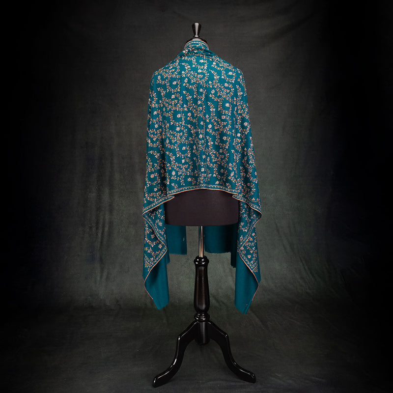 Sozni Hand Embroidered Pashmina Teal Floral