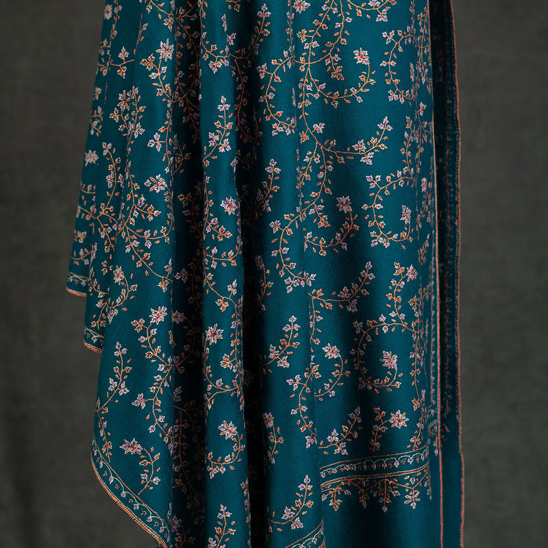 Sozni Hand Embroidered Pashmina Teal Floral