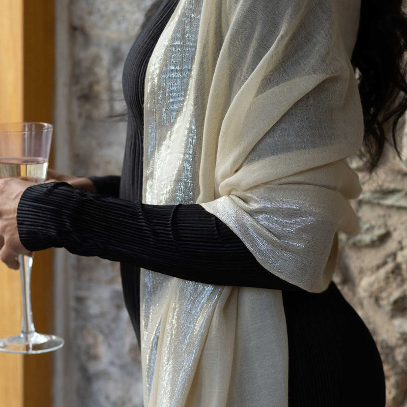 Silver Bordered Cashmere Pashmina Stole Gold