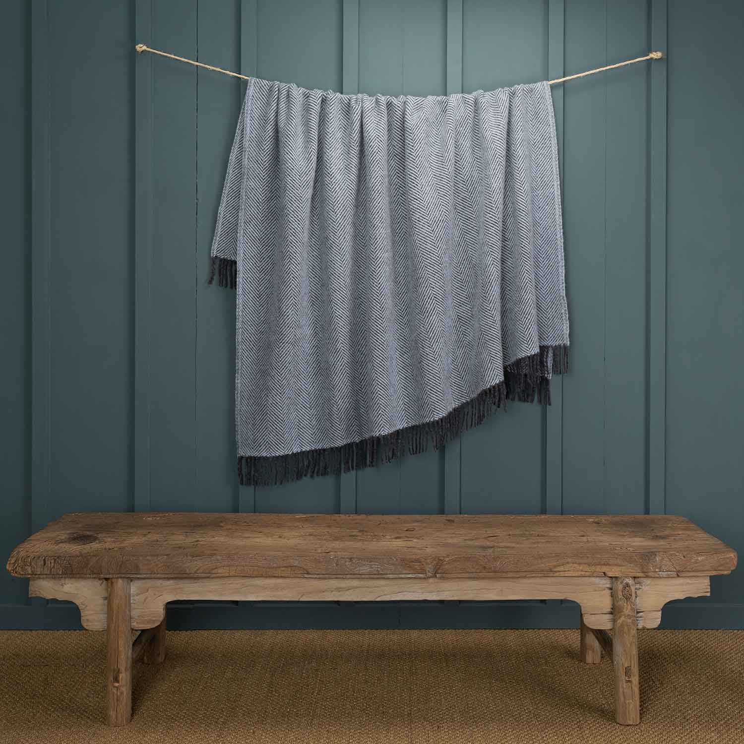 Pure New Wool Herringbone Throw Winter Sky