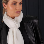 Luxuriously soft merino and silk shawl in Ivory twill weave with a soft fine fringe generous size light and airy beautifully warm best-quality