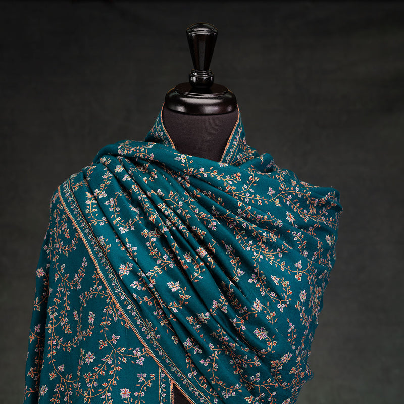 Sozni Hand Embroidered Pashmina Teal Floral