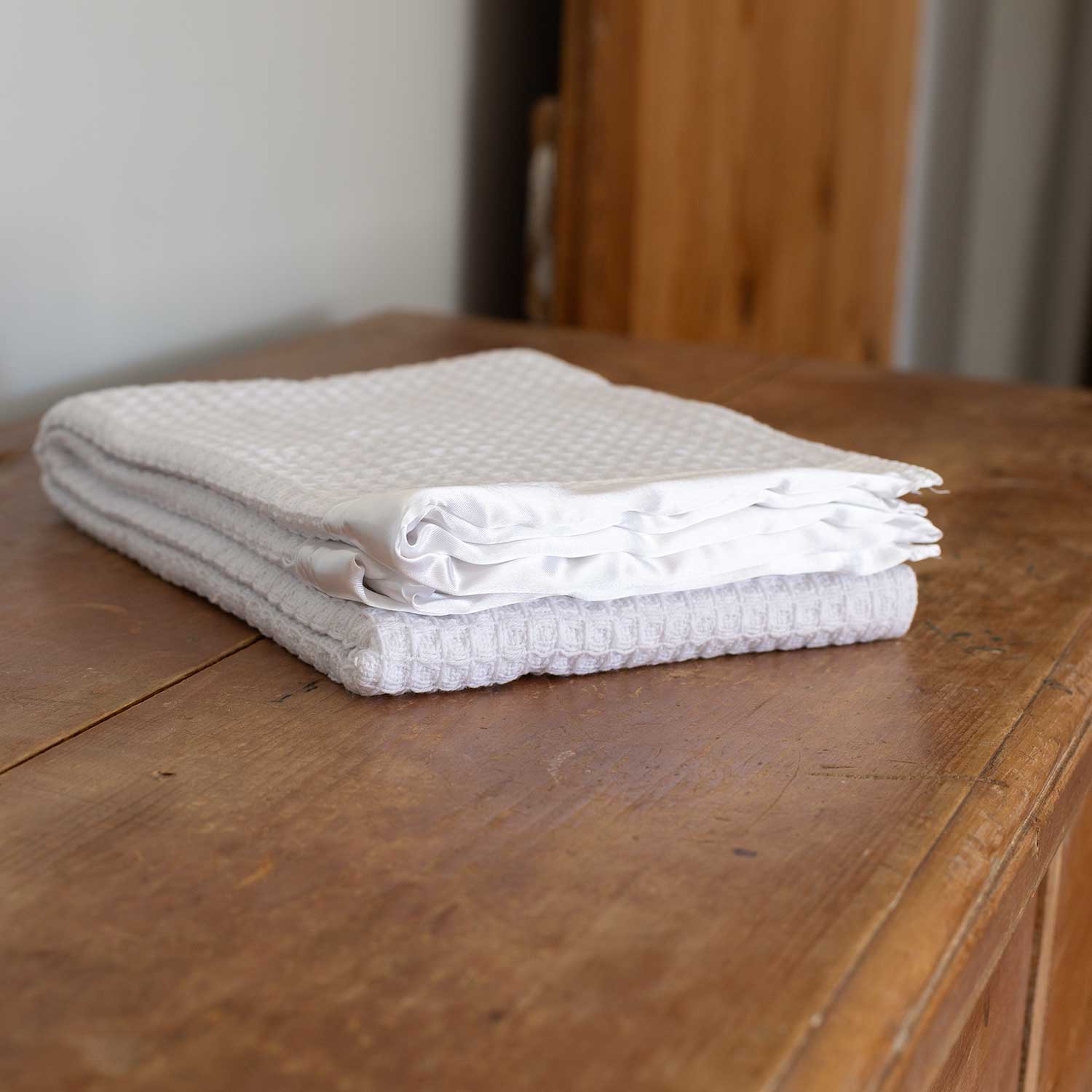Satin Trimmed Cotton Waffle Baby Blanket