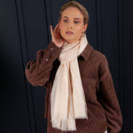 Luxuriously soft merino and silk shawl in oyster twill weave with a soft fine fringe generous size light and airy beautifully warm best-quality