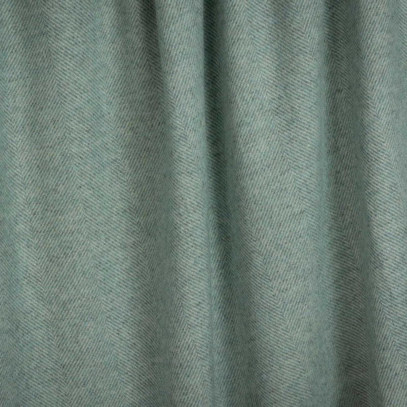 Shetland Wool Throw in Duck Egg Green colour, herringbone pattern, close up.