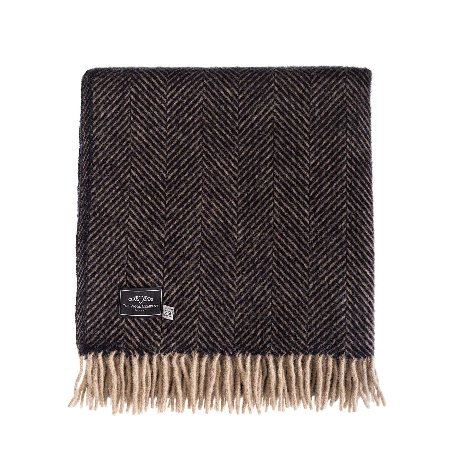 Pure New Wool Herringbone Throw Ebony & Tan