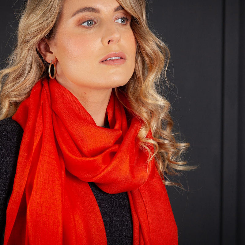 Luxuriously soft merino and silk shawl in terracotta twill weave with a soft fine fringe generous size light and airy beautifully warm best-quality
