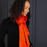 Luxuriously soft merino and silk shawl in paprika twill weave with a soft fine fringe generous size light and airy beautifully warm best-quality