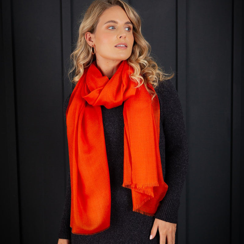 Luxuriously soft merino and silk shawl in terracotta twill weave with a soft fine fringe generous size light and airy beautifully warm best-quality By The Wool Company