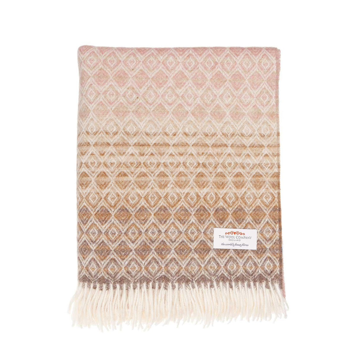 Lambswool throw on white backround, pink and light camel brown, diamond pattern with long cream fringe, size is 185 CMS X 140 CMS.