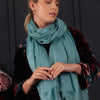 Luxuriously soft merino and silk shawl in duck egg green twill weave with a soft fine fringe generous size light and airy beautifully warm best-quality
