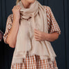 Luxuriously soft merino and silk shawl in latte twill weave with a soft fine fringe generous size light and airy beautifully warm best-quality