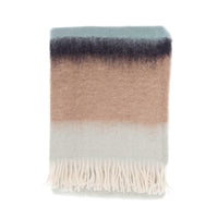 A beautifully woven blanket with rows of cool coastal tones of pale green, blue, yellow and brown, finished with a cream tasselled fringe. Size 130 x 200 CMS.