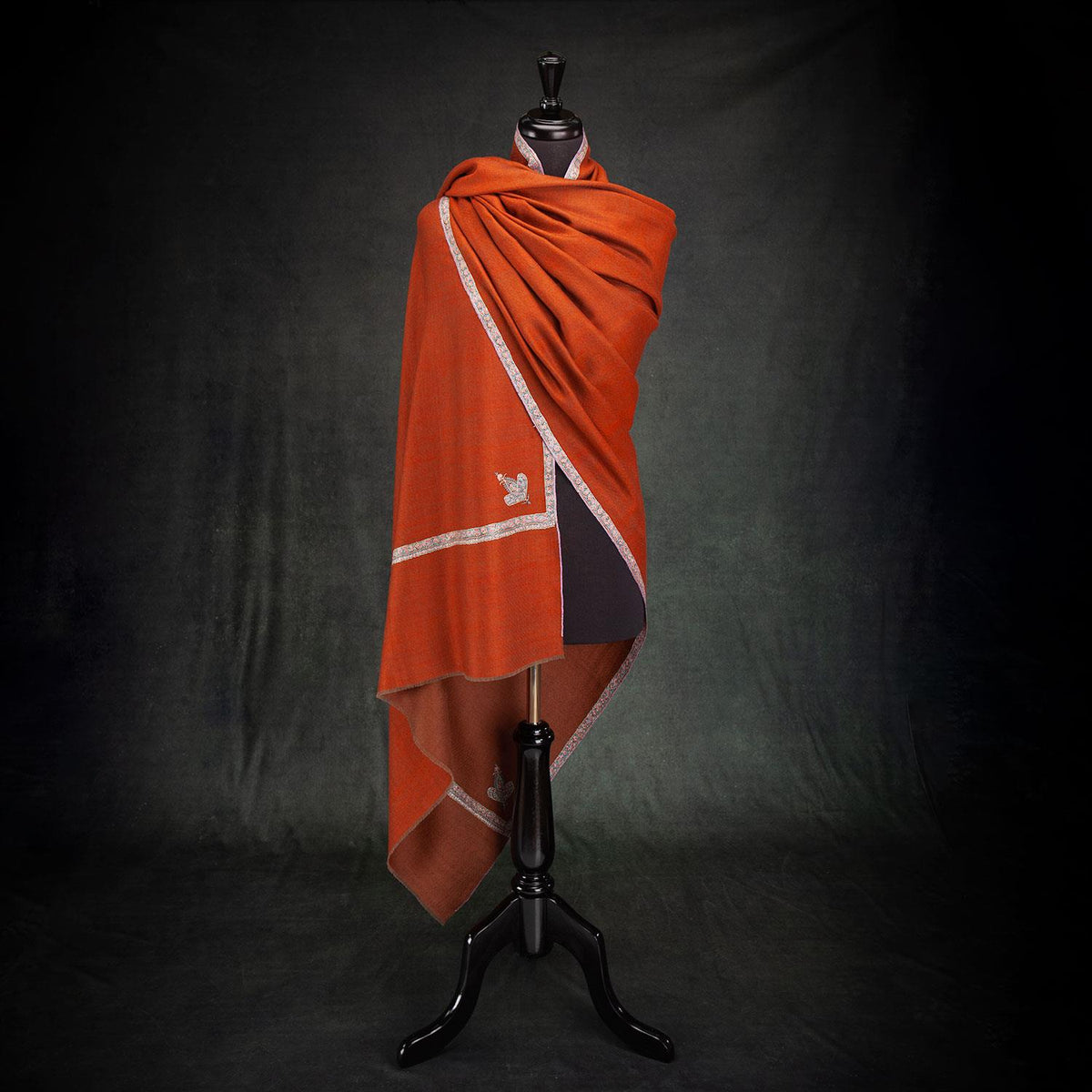 Sozni Hand Embroidered Double Sided Pashmina Orange, beautifully soft diamond weave cashmere pashmina, stunning orange and brown pashmina shawl with beautiful hand embroidered colourful border. 