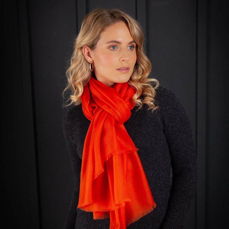 Luxuriously soft merino and silk shawl in terracotta twill weave with a soft fine fringe generous size light and airy beautifully warm best-quality