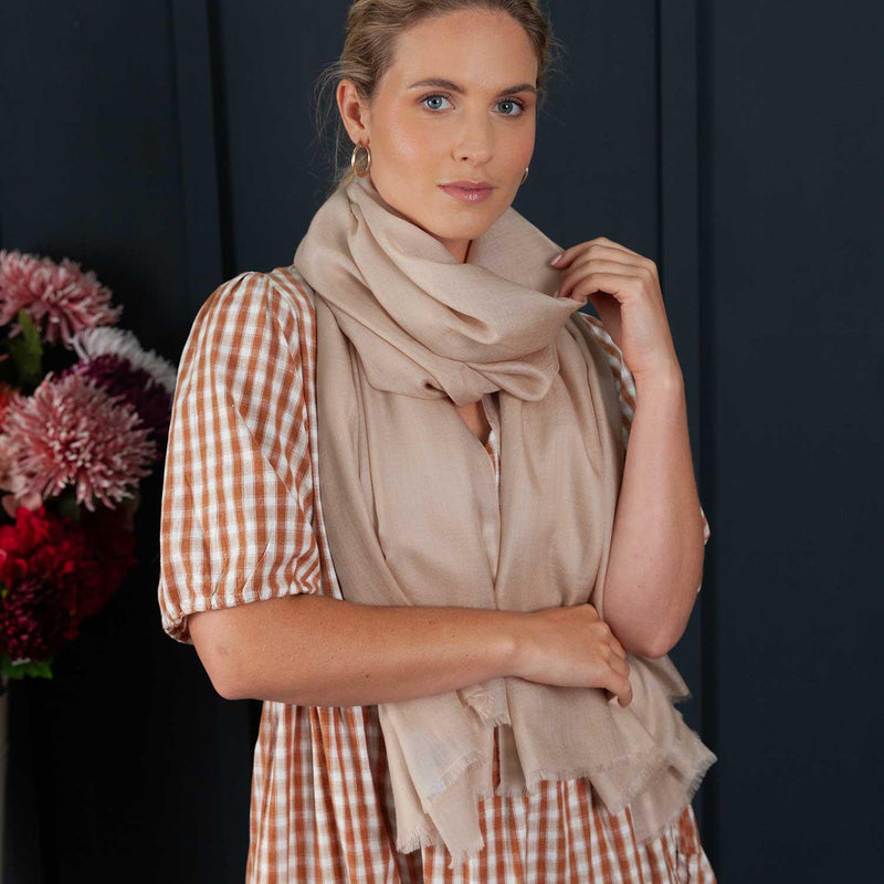 Luxuriously soft merino and silk shawl in latte twill weave with a soft fine fringe generous size light and airy beautifully warm best-quality By The Wool Company
