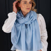 Luxuriously soft merino and silk shawl in light blue twill weave with a soft fine fringe generous size light and airy beautifully warm best-quality