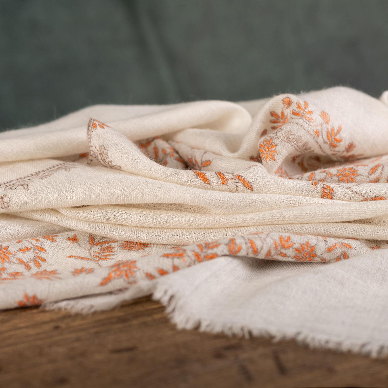 Spring of Kashmir Stole Orange Hand Embroidery