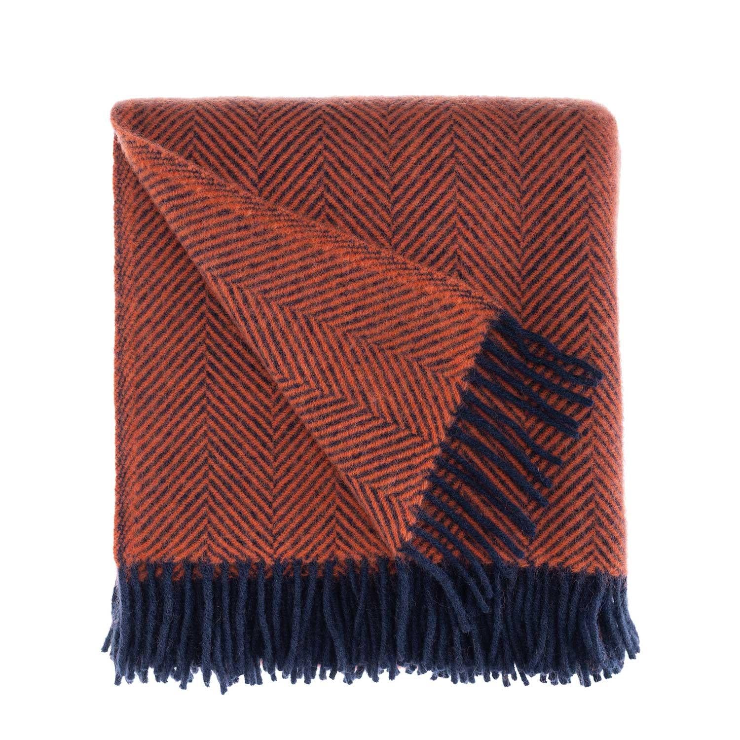 Pure New Wool Herringbone Throw Coral & Navy