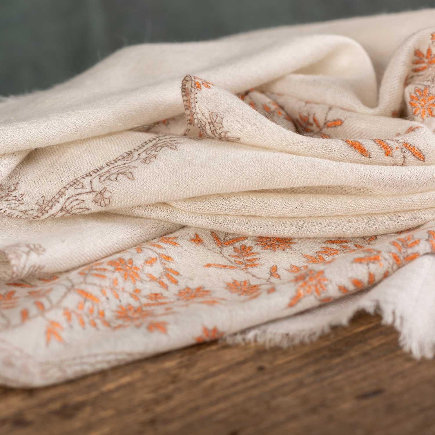 Spring of Kashmir Stole Orange Hand Embroidery