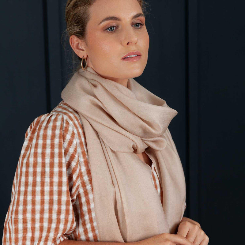 Luxuriously soft merino and silk shawl in latte twill weave with a soft fine fringe generous size light and airy beautifully warm best-quality