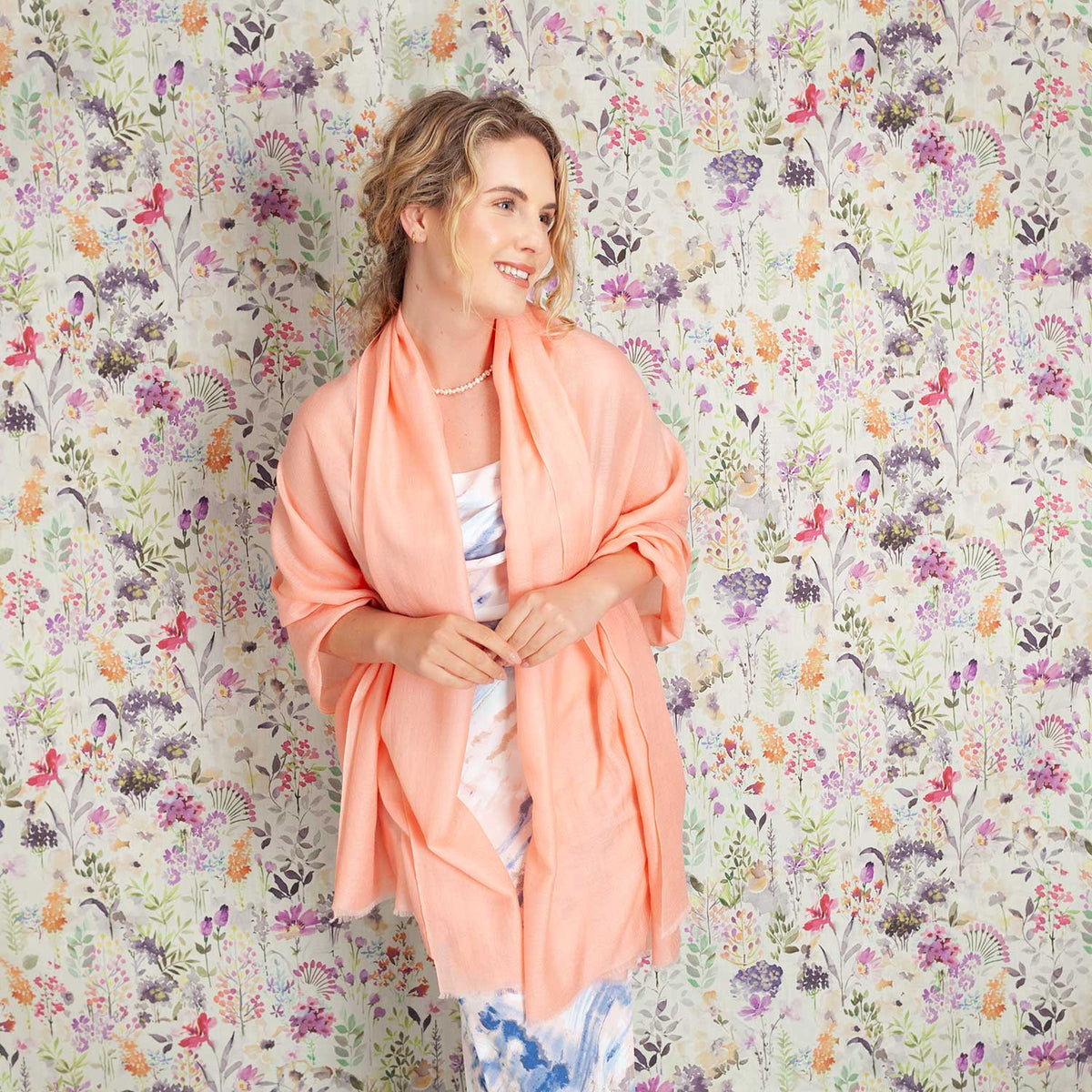 Luxe merino silk shawl in Coral, soft and warm whilst very elegant.