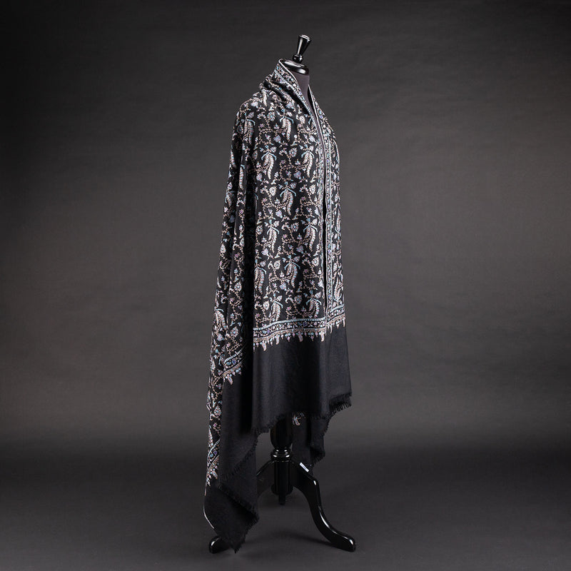 Hand Embroidered Cashmere Pashmina Black Floral