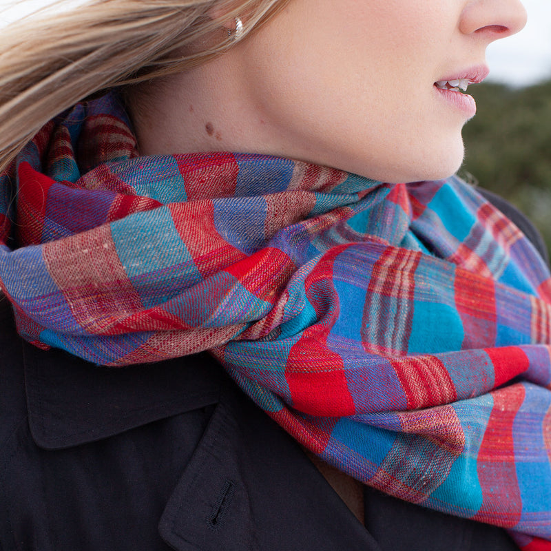 Hand Loomed Blue & Red Check Cashmere Stole