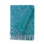 Mohair blend throw lightweight ultra soft & warm coastal blues & greens in a plaid weave tasselled fringe By The Wool Company
