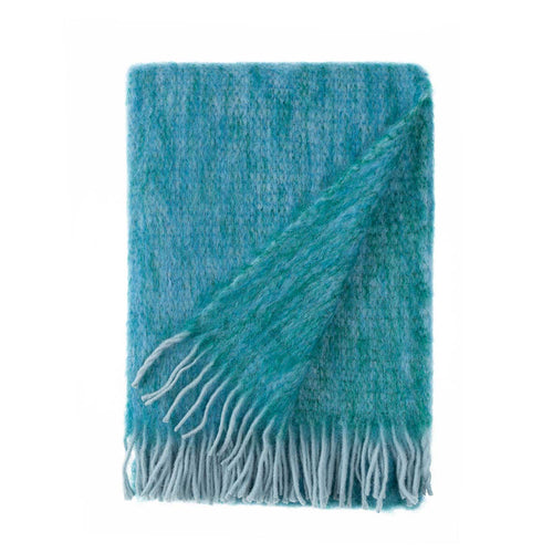 Mohair blend throw lightweight ultra soft & warm coastal blues & greens in a plaid weave tasselled fringe By The Wool Company