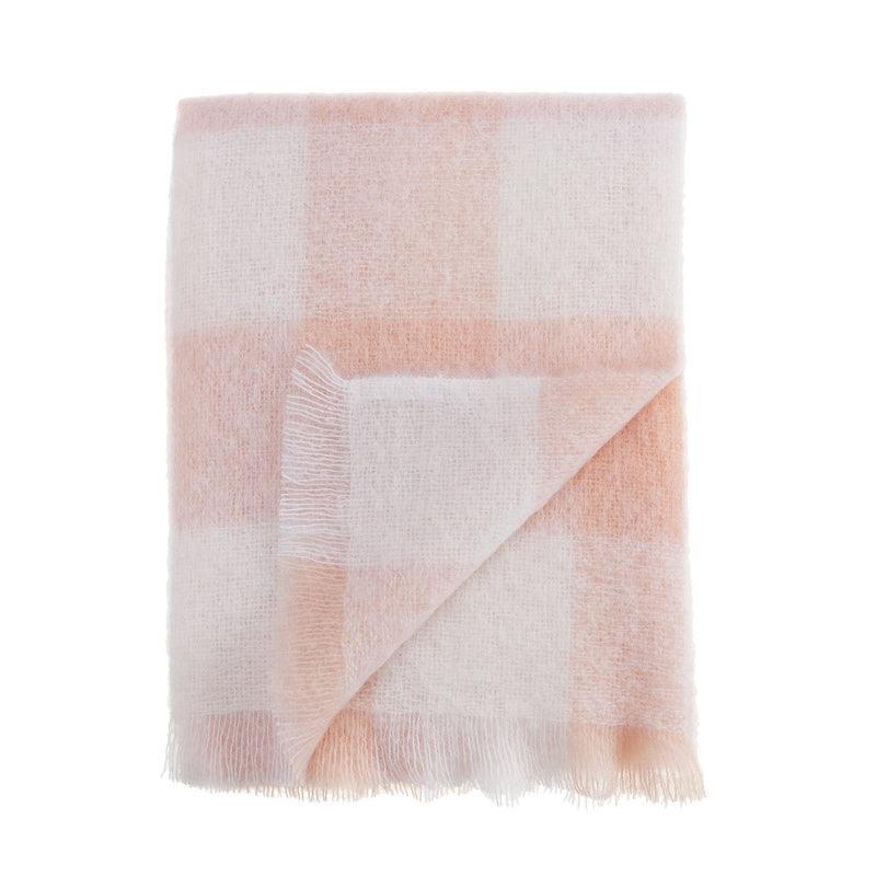 100% mohair knee blanket lightweight ultra soft & warm cream & blush peachy pink checks 91 x 122 cm By The Wool Company