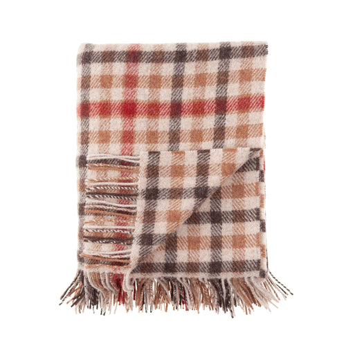 100% pure new wool medium weight throw in warm tones of brown and russet checks top-quality, warm & cosy By The Wool Company