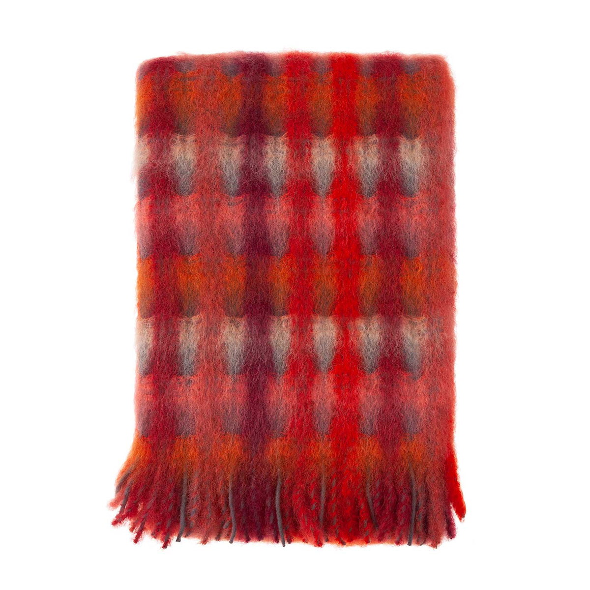 Mohair & Merino blend throw lightweight soft & warm vibrant reds orange coral & pink geometric design By The Wool Company.