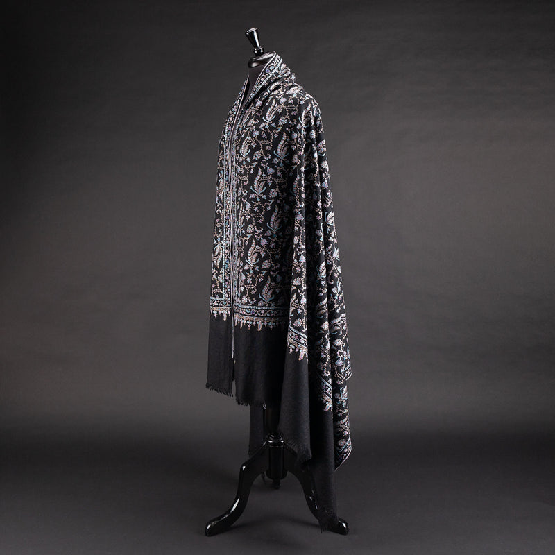 Hand Embroidered Cashmere Pashmina Black Floral