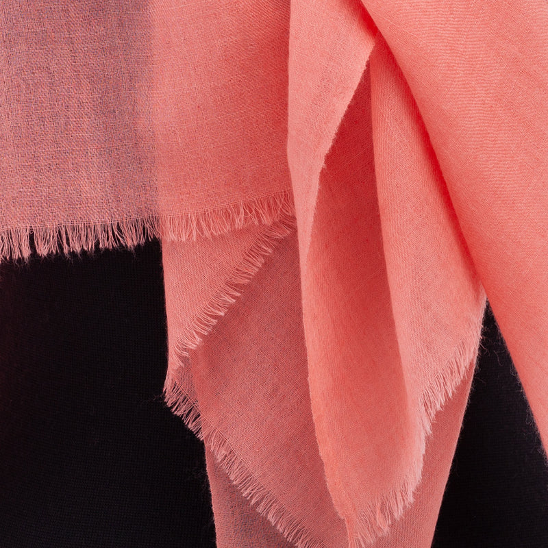 Fine wool & silk blend shawl in soft coral tones with a soft fringe edge super-soft lightweight & warm top-quality