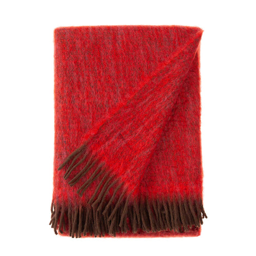 Mohair blend throw lightweight ultra soft & warm rich reds & browns plaid weave & brown tasselled fringe By The Wool Company