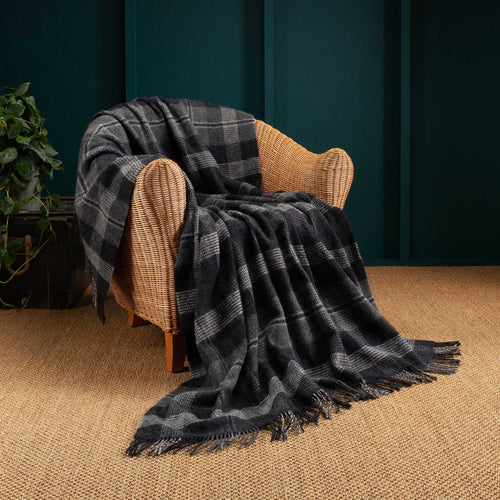100% pure new wool medium weight throw in graphite grey plaid checks top-quality 137 x 182 cm