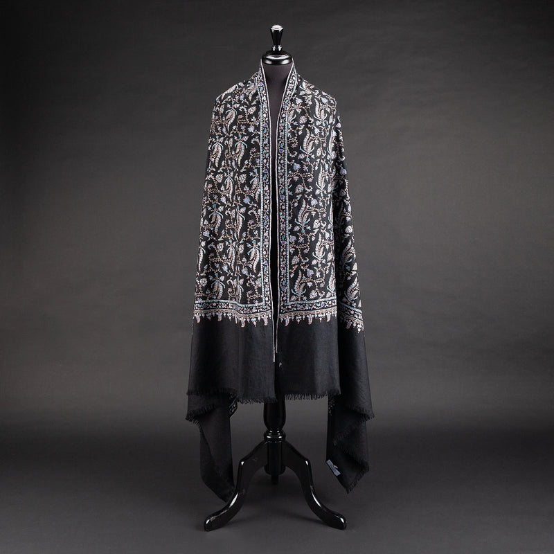 Hand Embroidered Cashmere Pashmina Black Floral