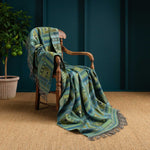 Super-soft Merino lambswool throw stunning unique Italian design multi coloured pattern teal, blue & green130 x 182cm