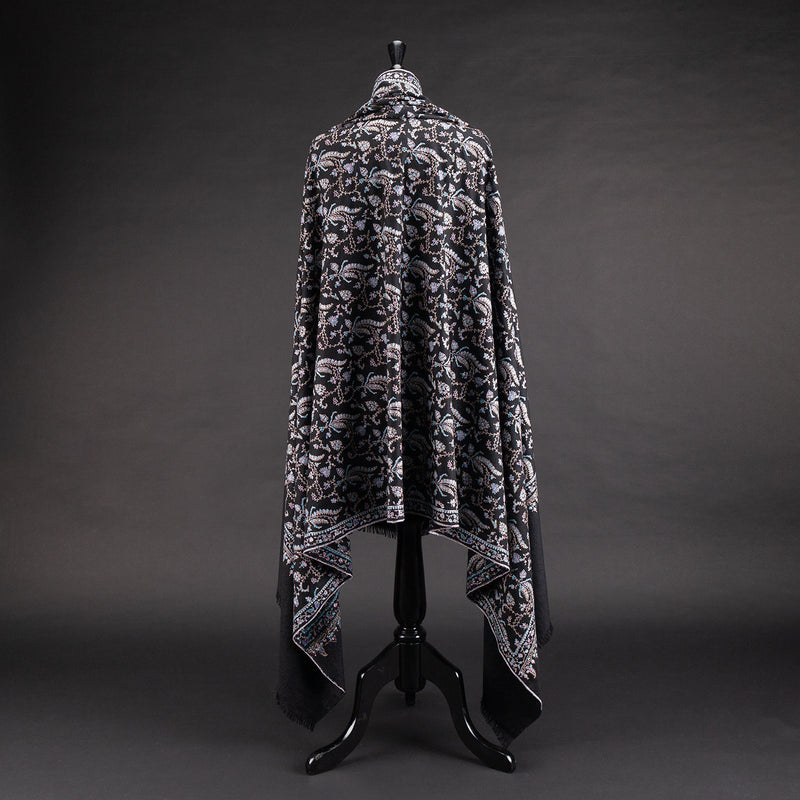 Hand Embroidered Cashmere Pashmina Black Floral
