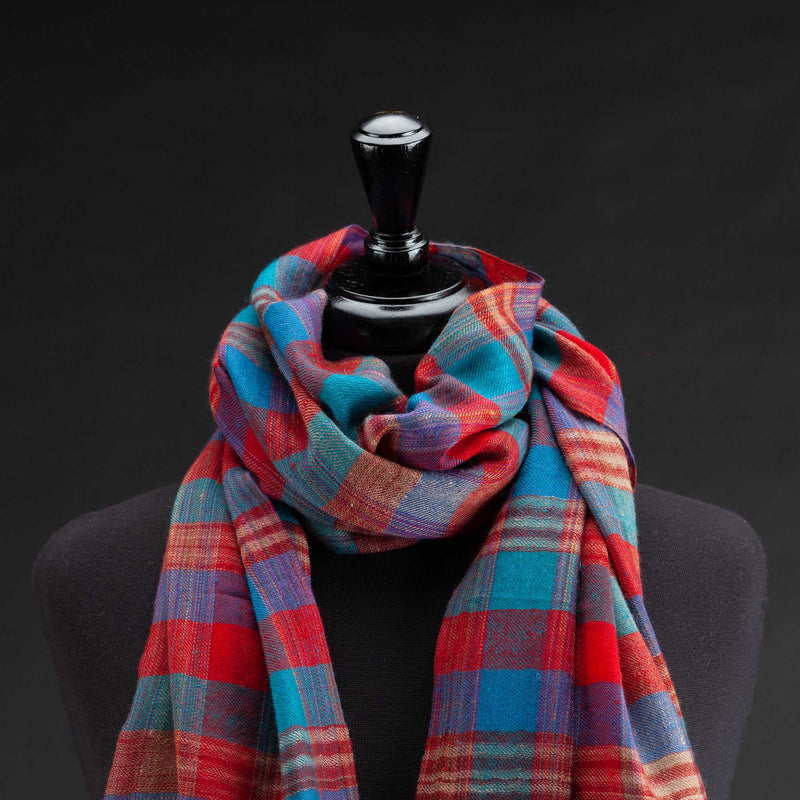 Hand Loomed Blue & Red Check Cashmere Stole