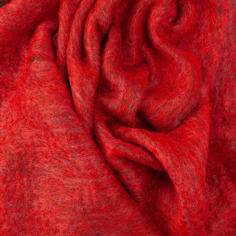 Mohair blend throw lightweight ultra soft & warm rich reds & browns in a plaid weave & brown tasselled fringe 130 x 200 cm