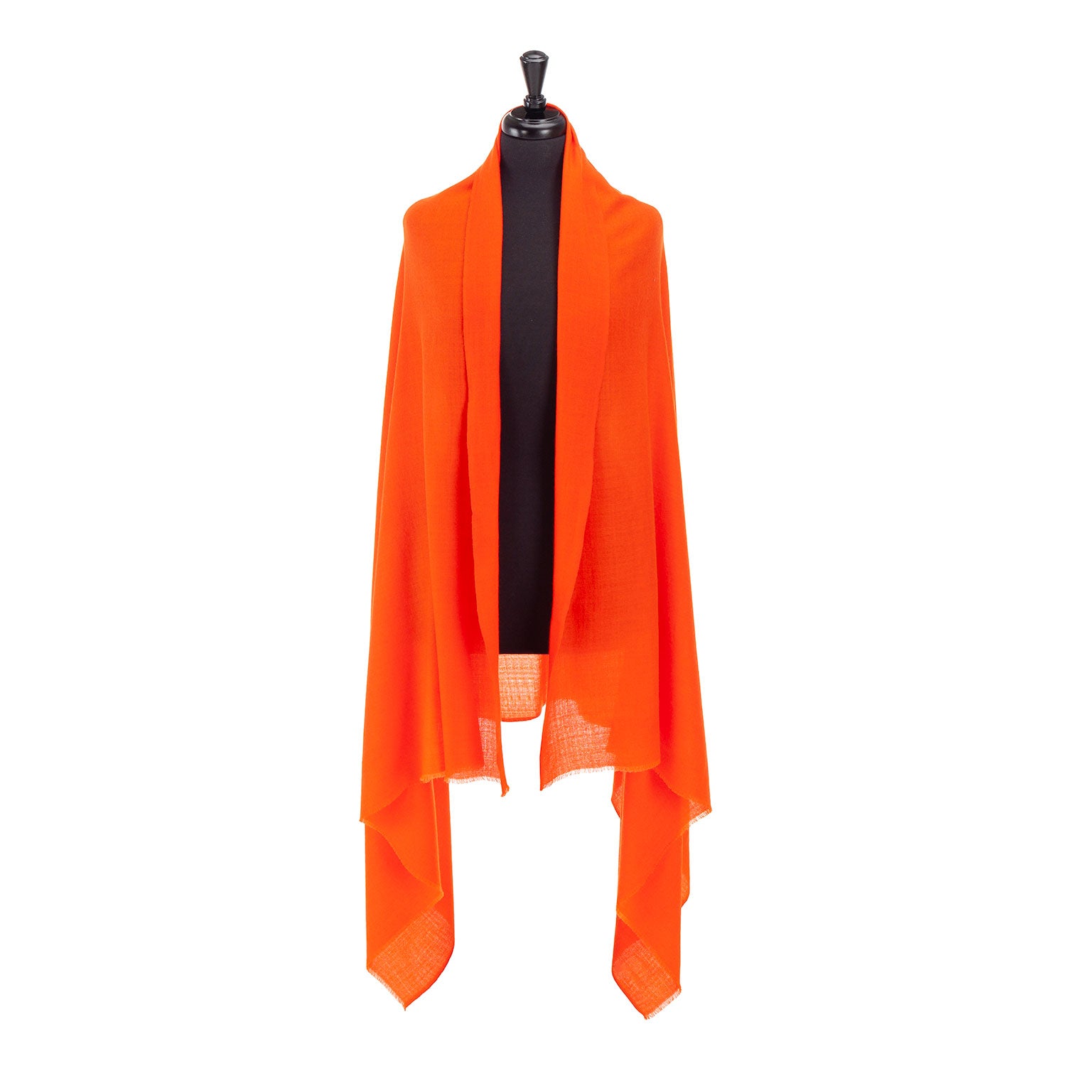 Fine Merino wool shawl in deep vibrant mandarin orange with a soft fringe edge super-soft lightweight & warm top-quality