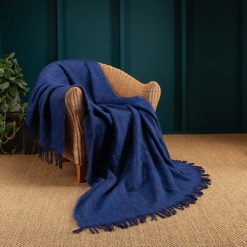 Mohair blend throw lightweight ultra soft & warm deep blue & black tones in a plaid weave with tasselled fringe 130 x 200 cm