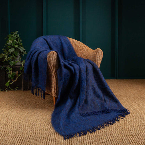 Mohair blend throw lightweight ultra soft & warm deep blue & black tones in a plaid weave with tasselled fringe 130 x 200 cm